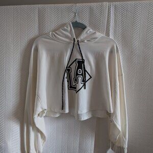 Zara Cropped Hoodie LA Graphic Off-White Cream & Black Size Large Sporty Casual